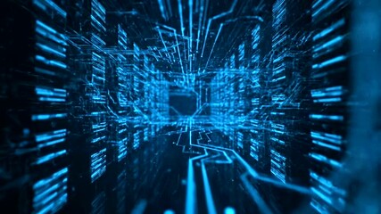 Futuristic digital tunnel with blue neon lights and circuit board design. - Powered by Adobe