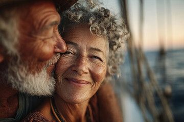 Tender moments between a senior couple on a sailboat during sunset