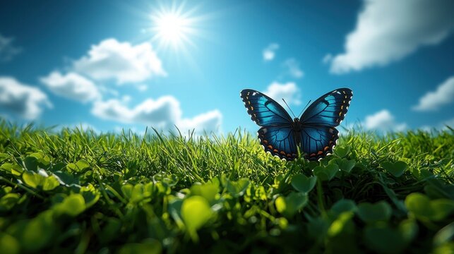 Blue butterfly rests on verdant grass blades
