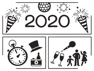 New Year 2020 Celebration Icons With Fireworks And Party Elements vector illustration