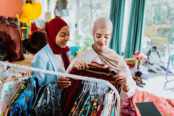 Fototapeta premium Modern diverse muslim women shopping clothing on digital tablet