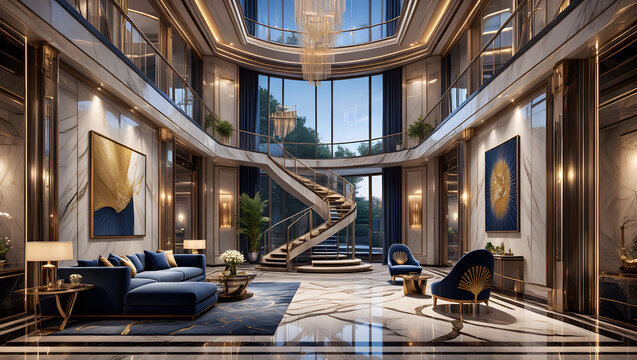 Art Deco Luxury Interior Ultra-luxurious atrium with bookmatched marble