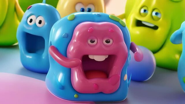 A bright toy with a funny face and hands, surrounded by small details, will serve as an expressive backdrop for advertising educational games for children.
