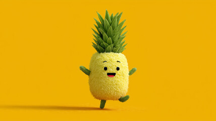 Cute cartoon pineapple dancing joyfully on a bright yellow background