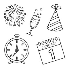 New Year Celebration Icons Fireworks Champagne Glass Party Hat Alarm Clock Calendar vector illustration