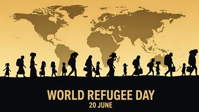 World refugee day 20 june silhouette of migrant family walking against world map background