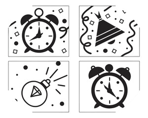 New Year Celebration Icons with Alarm Clocks Confetti and Party Popper time countdown