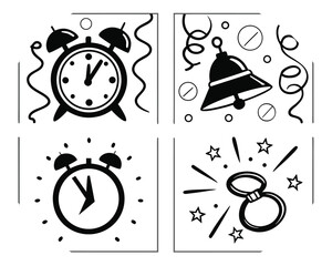 New Year Celebration Icons with Alarm Clocks Confetti and Ring time countdown