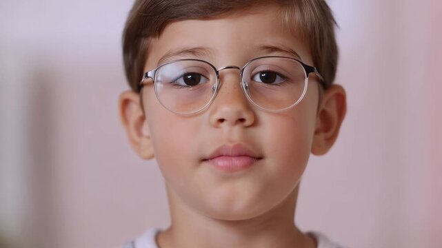 Child wearing eyeglasses with calm focused expression and direct gaze on soft neutral background