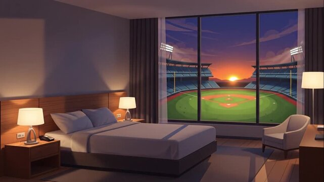 Sports Hotel Room View Baseball Stadium Sunset to Night Animation