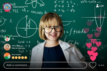 Fototapeta premium Young scientist girl with blackboard background