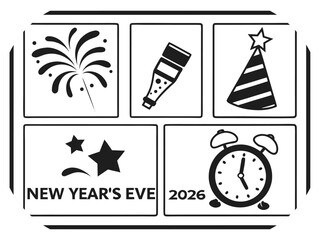 New Years Eve Celebration Icons In A Grid With Fireworks Champagne Bottle Party Hat vector illustration
