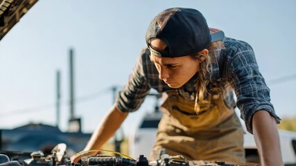 Young mechanic intently inspecting a car engine under bright sunlight