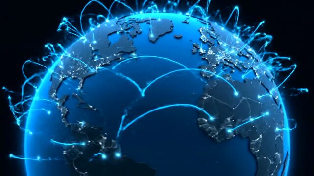 Global network connections and data exchange visualization.