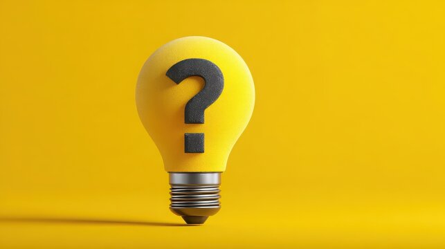 Vibrant yellow light bulb with a question mark symbolizing curiosity and creative inspiration on a bright background for innovative concepts