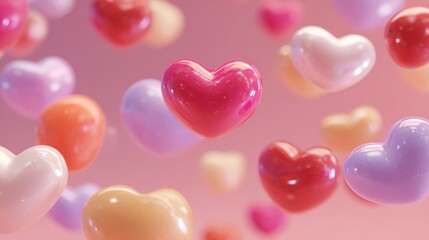 Fototapeta premium Colorful and Glossy Heart Shapes Floating in a Dreamy Pink Background Perfect for Celebrating Love and Affection in Various Creative Projects
