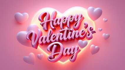 Happy valentines day greeting with pink hearts and glowing effect on pink background