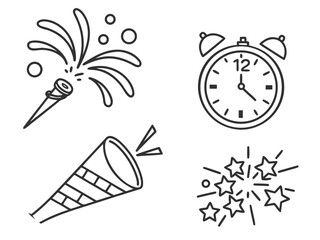 New Year's Eve party icons with confetti popper alarm clock and fireworks celebration