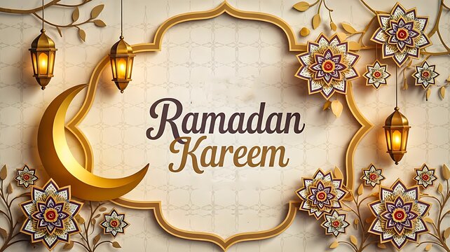 Ramadan kareem decorative banner with crescent and lanterns

