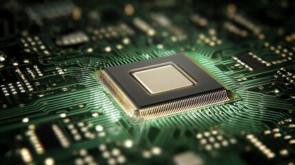 Close-up of a central processing unit (CPU) on a computer motherboard with intricate circuitry