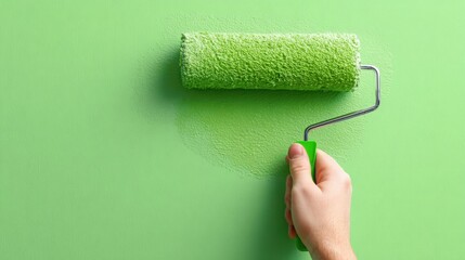 Obraz premium Hand Holding Paint Roller Applying Fresh Green Paint to Smooth Wall Surface in Home Renovation or Interior Design Project for a Vibrant Look