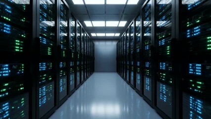 Data center server room with rows of computer servers and network equipment.