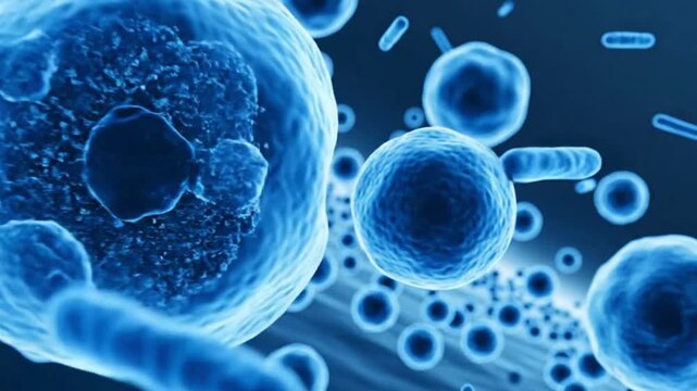 Medical illustration depicting various blue cells and microorganisms in a futuristic microscopic scene for scientific and healthcare applications and research purposes effectively