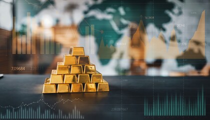 Golden success in business with stacked gold bars and financial charts