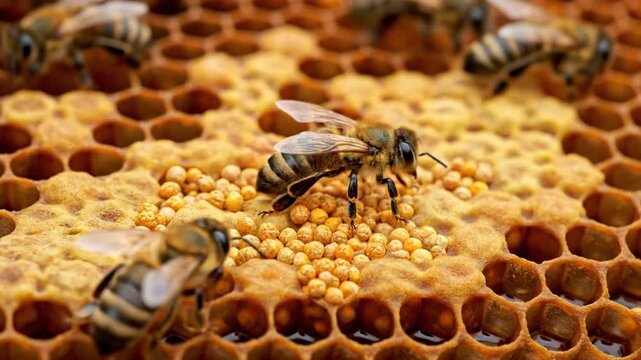 Busy bees working on honeycomb, collecting pollen. Macro shot of beekeeping.