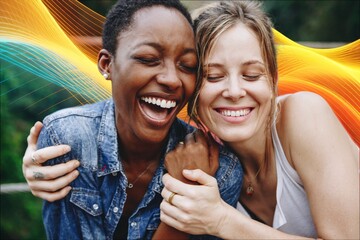 Happy black woman laughing with her friend