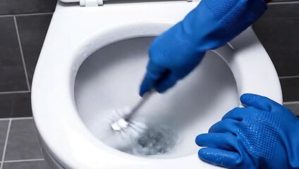 Hands in blue gloves cleaning a toilet bowl bathroom