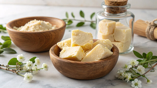 Natural Cocoa Butter Chunks in Wooden Bowl &ndash; Organic Butter for Skincare, Cosmetics and DIY Beauty