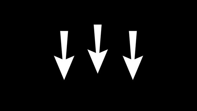 Downward arrows animation with sharp angular shapes moving in sync on transparent background with alpha channel, clean direction indicators for interface design, navigation prompts, loading cues