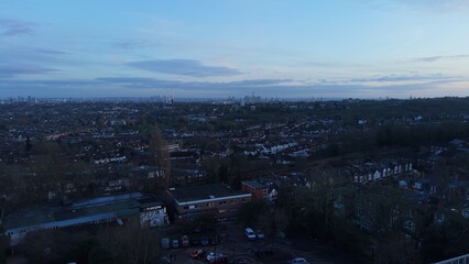Muswell Hill residential area at dusk with London skyline in distance