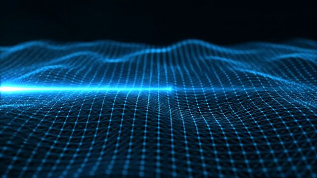 Blue grid pattern with glowing lines and dots on dark background.