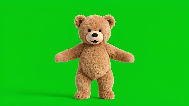 Animated fluffy teddy bear dancing on chroma key green screen