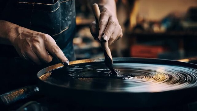 Scene of a craftsman inspecting the evenness of a refurbished PTFE nonstick layer on a frying pan capturing precision and attention to detail in coating renewal.