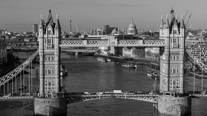 Aerial view of Tower Bridge, River Thames, and St Paul's Cathedral in London