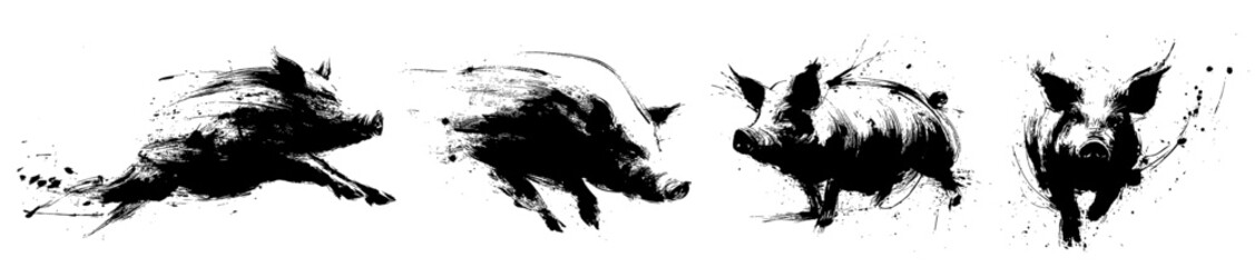 Naklejka premium Chinese new year pig zodiac brush painting with dynamic ink strokes on white background
