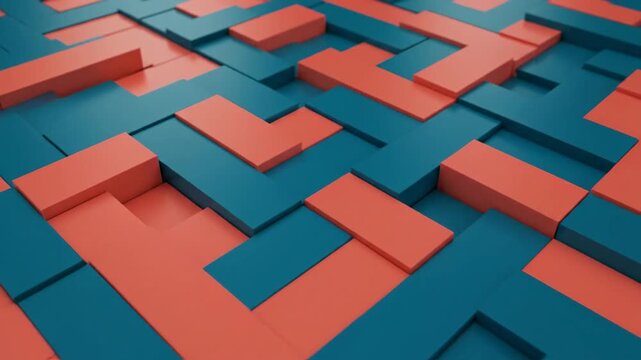 Abstract geometric pattern of interlocking red and blue shapes, creating a textured surface.