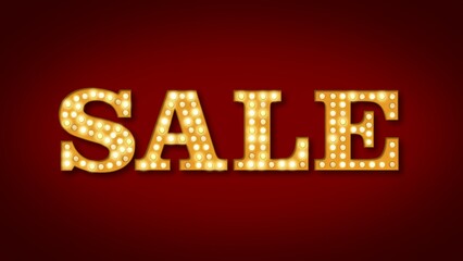3D SALE sign JPG, 3D Yellow LED bright yellow light bulbs SALE sign glowing at night on a red background for holiday and business promotion, sale title, video title, sale promotion campaign
