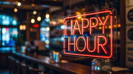 Happy hour neon sign glowing inside bar
