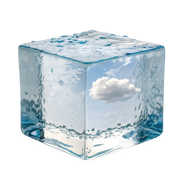 Surreal Transparent Water Cube with Cloud Inside Isolated on White Background