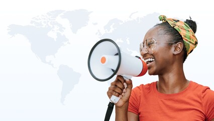 Happy black woman with megaphone