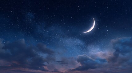 A serene celestial nightscape showcasing a crescent moon amidst a starry galaxy, with atmospheric clouds