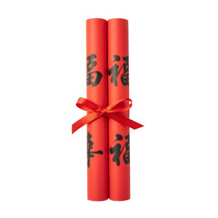 Obraz premium Red Scrolls Tied With Ribbon Featuring Chinese Calligraphy for Lunar New Year Decoration Celebration