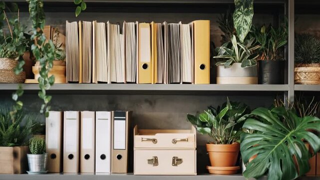 Medium framing of organic folders arranged on a shelf emphasizing sustainable office organization with natural ecofriendly materials.