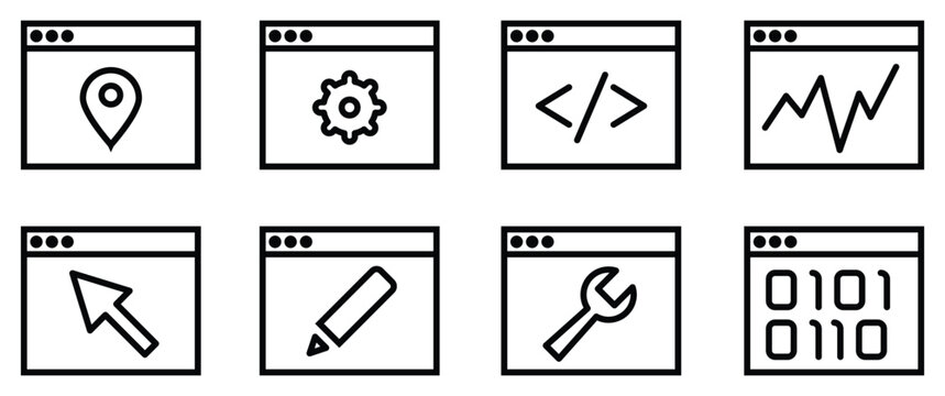 Collection of line icons for web development, settings, analytics, and digital tools