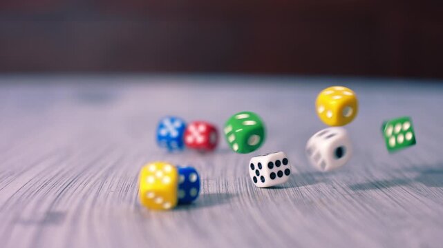 Colorful dice thrown onto table