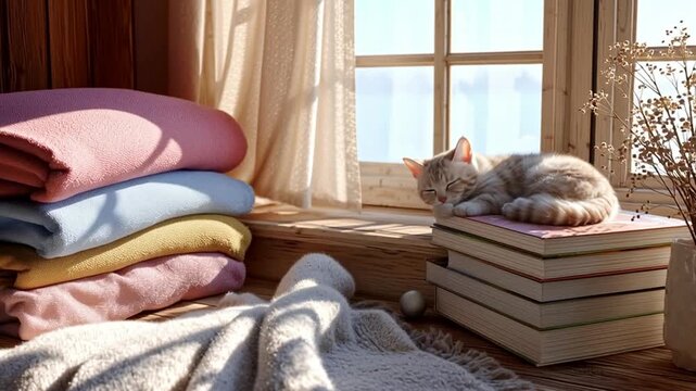 A cat sleeps peacefully on a stack of books by a window. Colorful blankets sit nearby, creating a warm atmosphere. Sunlight filters through sheer curtains, enhancing the cozy setting.